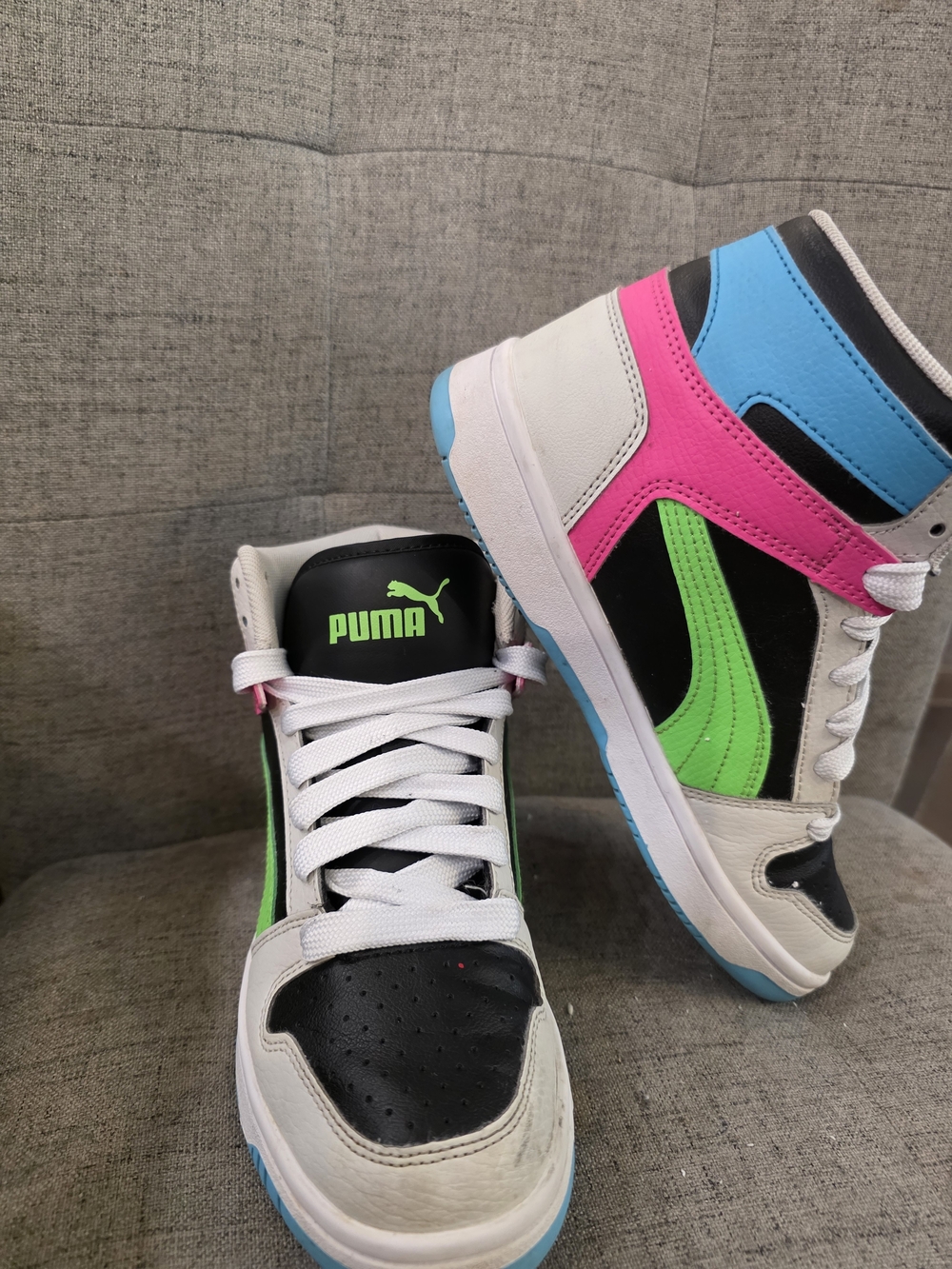 Puma Kids' High-Top Sneakers in White, Black & Neon